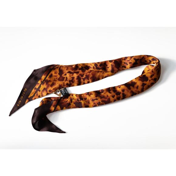 Gucci Brown Beige Leopard Pattern Silk Twill Narrow Bandeau Scarf - Picture 2 of 4